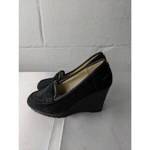 Michael Michael Kors Roary Black Suede Wedge Loafers Y2k Black Gold Accent Sz‎ 7